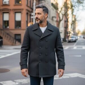 Arjun Vintage Men's Black Double Breasted Wool Blend Peacoat Jacket Size Small